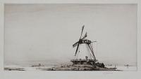 [A flat, watery landscape with two windmills.]