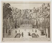 p. The Triumphal Arch so called because it resembles one. This fine structure is of Brass Gilt & contains 3 large Porticos. On the top of it are Seven Basins, from whence projects as many spouts of water which falling down flow over the Basins & into the