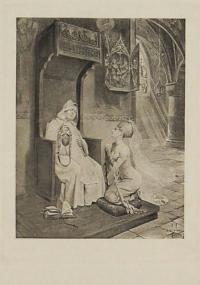 [A woman with an ample cleavage receiving confession, a scene from Giovanni Boccaccio's 'Decameron']