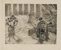 [Three people seated by a colonnaded pool, a scene from Giovanni Boccaccio's 'Decameron']