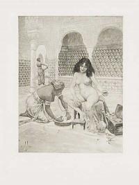 [A naked washing herself with a sponge, aided by a dark-skinned slave girl, a scene from Giovanni Boccaccio's 'Decameron']