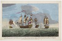 The Brave Cap.t Tyrrill in the Buckingham of 66 Guns & 472 Men, defeating the Florissant, Aigrette, & Atalante, three French Ships of War, the 3rd of Nov.r 1758 [...]