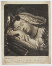 [Woman asleep beside a candle.]