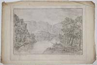 [Untitled landscape with waterfall and wooden bridge, Wales]