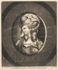 [Woman holding quill and letter.]