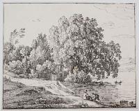 [Landscape with figures by lake, and rowing boat]