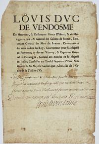[Headed notepaper of Louis Joseph, Duke of Vendôme inscribed with message by the same dated 1703, with portrait of him]