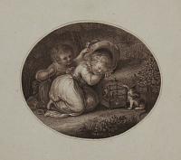 [Two children, one asleep, with a birdcage and cat]
