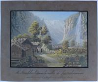 Le Staubbach dans la vall&eacute;e de Lauterbrunnen avec la vue sur le mittaghorn au canton de Berne. [title in ms.]