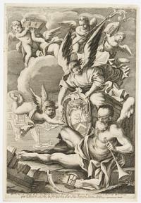 [Allegory of death with city view in background]