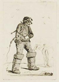 [A French Postillion with a whip in one hand, the other in pocket, birds, horses and a barn behind.]