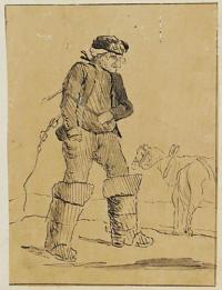 [A French Postillion with a whip in one hand, the other in pocket, birds, horses and a barn behind.]