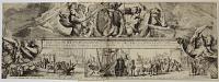 [Profile portrait of James II, with scenes showing (l-r) Mary Modena leaving Whitehall Palace in a barge; the queen transferring to the French ship the Assurance; and arriving at Calais]