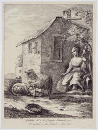 [Shepherdess sitting with sheep outside a cottage, spinning wool]