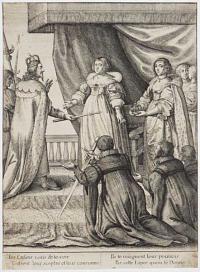 [Charles I and Henrietta Maria offer symbols of their power to Marie de Medici]