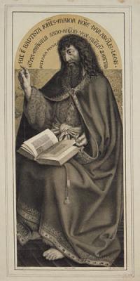 [John the Baptist in pelt, holding a book and raising his right hand in blessing]