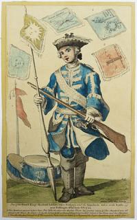 One of the French King's Houshold Soldiers taken Prisoner, and the Standards tken at the Battle near Deltingen 16th of June O.S. 1743 [...]