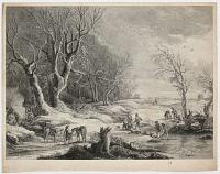 [Bandits robbing travellers at the edge of a forest.]