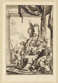 [Allegorical scene with figures studying a map]