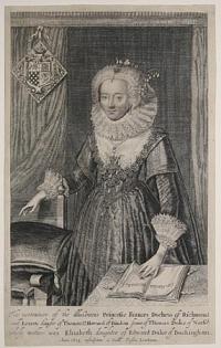 The portraiture of the illustreous Princesse Frances Duchess of Richmond and Lenox daugter of Thomas Ld. Howard of Bindon sonne of Thomas Duke of Norfok. Whose mother was Elisabeth daughter of Edward Duke of Buckingham.