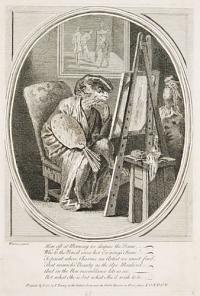 [Monkey seated at an easel]