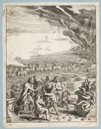 [Figures menaced by snake in foreground; army advancing middle-ground and ships destroyed by a storm in background]