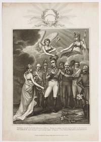 Britannia attended by British & Prussian Officers, Victory descending and placing the laurel on the brows of Wellington, while Europe is presenting badges of Honour to the Military Heroes of Waterloo.