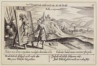 [Allegorical print with town view of Filakovo, Slovakia in background]