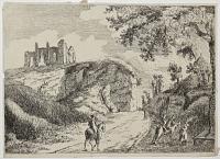 [Landscape with figures on horseback in foreground and ruined abbey in distance]