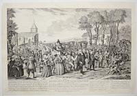 An Exact Perspective View of Dunmow, late the Priory, in the County of Essex. With a Representation of the Ceremony, & Procession in that Mannor, on Thursday the 20th of June 1751.