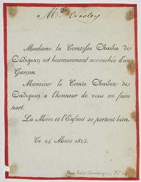 [Birth notice] Madame la Comtesse Charles de Cadignan est heureusement accouch&eacute;e d'un Gar&ccedil;on.