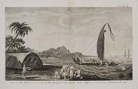 [Raiatea] Vue de l'Isle d'Ulietea avec une Double Pirogue et un hangar où les Insulaires retirent leurs Bâtiments de mer.