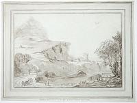 [Untitled landscape with the round tower of a castle by a crag, with water mill.]