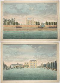 [Two watercolour elevations of a mansion and stable block.]