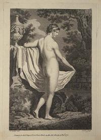 [A female nude leaning on a wall with a vase.]