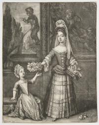 [Woman holding a basket of Flowers, handing a garland to a small girl.]