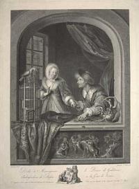 [A wealthy older man offering coins to a young woman, her hand raised in rejection.]
