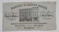 [LINEN DRAPERS]  Bought of Henry Blyth, Genial Undertakers, Linen & Woollen Draper, Silk Mercer, Hosier, Glover, Laceman, Ribbon Warehouseman & Haberdasher Temple Row, next door to the Royal Hotel, Birmingham.
