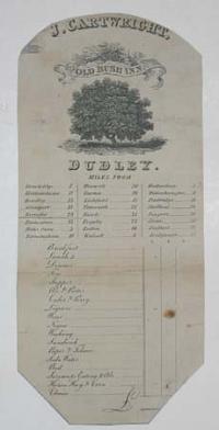 [HOTEL]  J. Cartwright. Old Bush Inn, Dudley. Miles from [various destinations listed]  � [printed bill itemization in a column].
