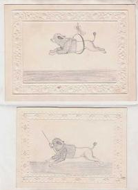 [Pair of pencil sketches of a poodle acrobat, acorns and other emblems]