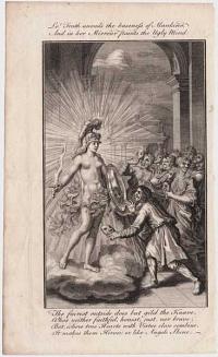 [Universal Magazine frontispiece] Lo! Truth unveils the baseness of Mankind, / And in her Mirrour paints the Ugly Mind [...]