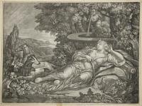 [Diana asleep beside a fountain.]