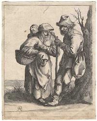 9. [A male beggar with a crutch leaning against a tree at right, a woman standing next to him, carrying a child on her back.]