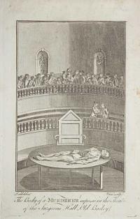 The Body of a Murderer exposed in the Theatre of the Surgeons Hall, Old Bailey.