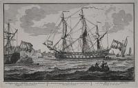 Un Vaisseau de Guerre Hollandois du 4e: Rang Construit a l'Angloise, venant al'Ancre.  Een Hollands Oorlog Schip van de 4e: Rang, op zyn Engels gebouwt, ten Anker komende.  a 4th. Rate Dutch men of war, English built koming to an Anchor.