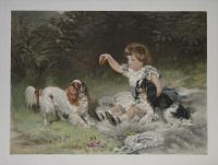 [Child with biscuit & two King Charles Spaniels.]