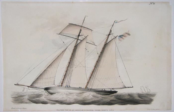 Weather view of an American schooner under reef'd sails.