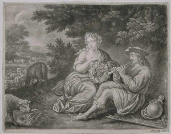 [Man, woman and sheep in a landscape.]