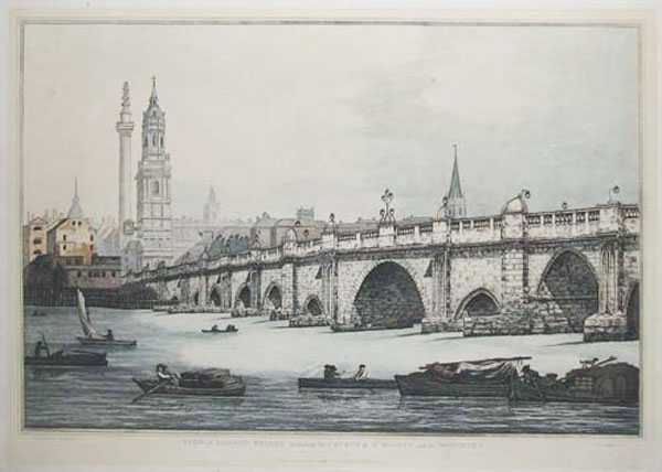 View of London Bridge, including St Magnus the Martyr and the Monument.