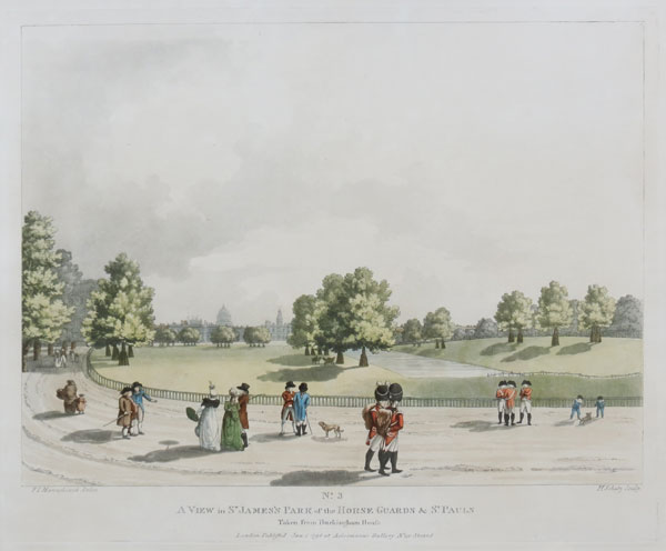 A View in St James's Park of the Horse Guards & St. Pauls Taken from Buckingham House.  No. 3.